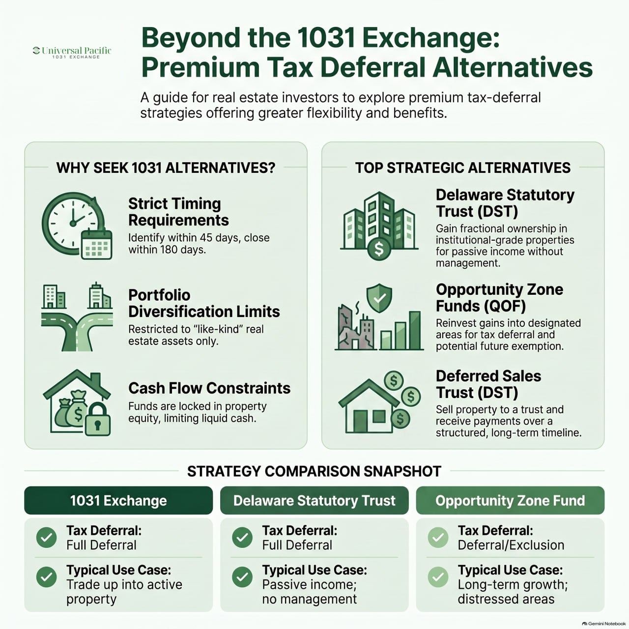Infographic comparing 1031 exchange alternatives: why investors seek them, Delaware Statutory Trusts, Opportunity Zone Funds and Deferred Sales Trusts, with a strategy comparison