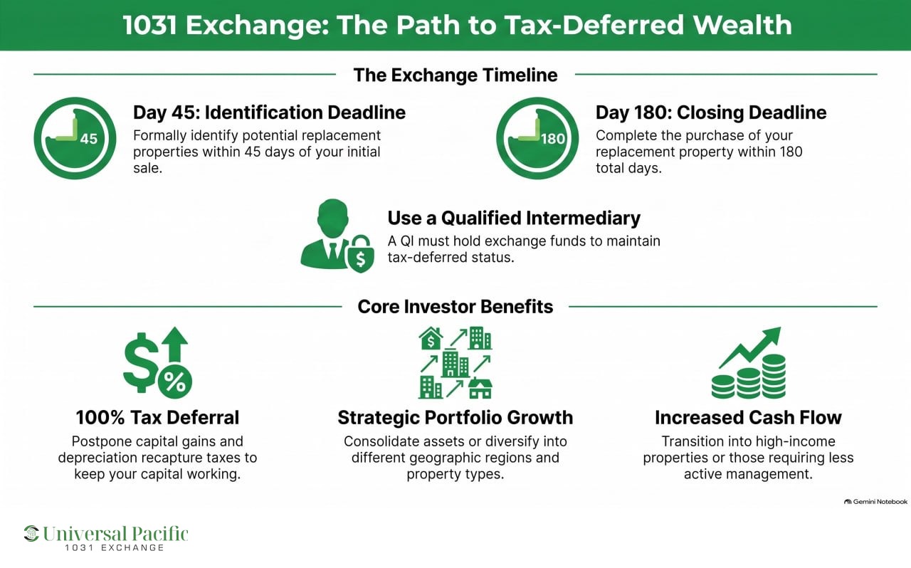 Infographic showing the 1031 exchange timeline of 45 and 180 days, the role of a qualified intermediary, and the core benefits of tax deferral, portfolio growth and increased cash flow