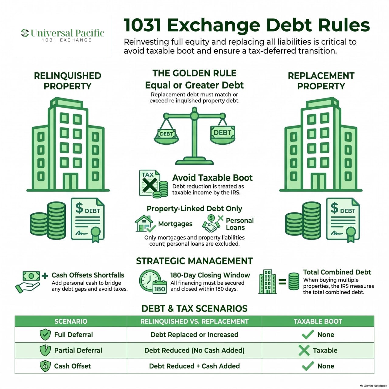 Infographic on 1031 exchange debt rules: replacement debt must equal or exceed relinquished debt, how cash offsets a shortfall, which debt counts, and when boot becomes taxable