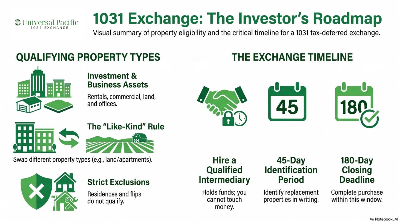 1031 Exchange investor roadmap — qualifying property types and exchange timeline infographic