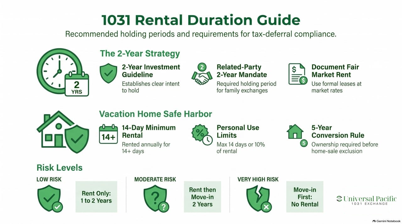 Infographic on 1031 exchange rental duration: the two-year guideline, the related-party mandate, the vacation home safe harbor and the risk level of each rental scenario