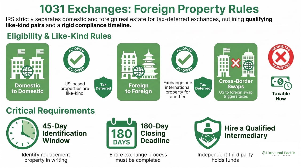 1031 Exchanges Foreign Property Rules — eligibility and compliance timeline infographic