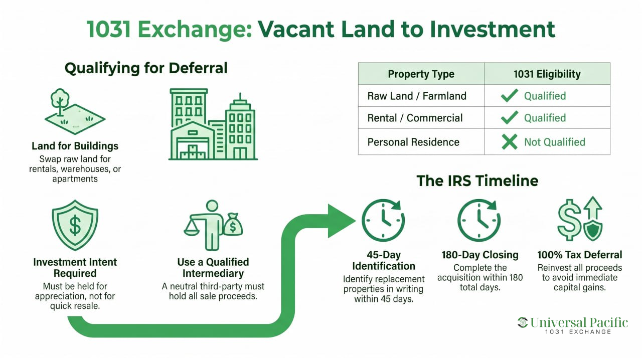 Infographic showing 1031 exchange rules for vacant land — qualifying property types, the 45-day and 180-day IRS timeline, and 100% tax deferral