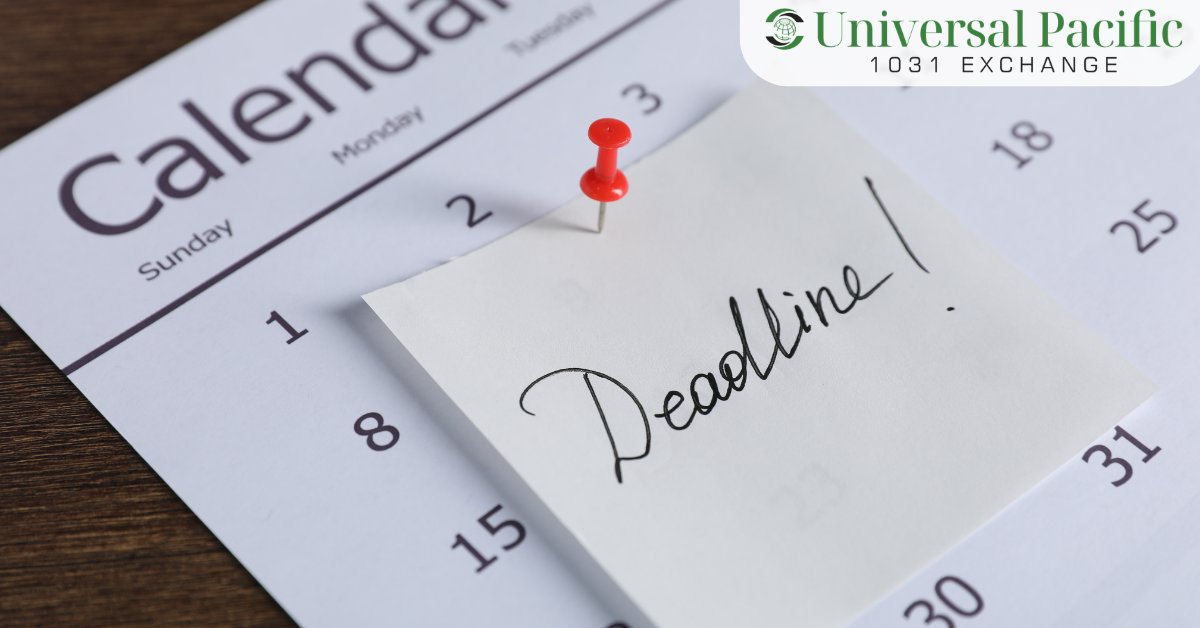 Visual timeline of 45-day identification and 180-day closing deadlines for 1031 exchange