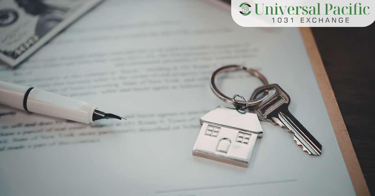 Property closing documents and keys representing a completed 1031 exchange transaction