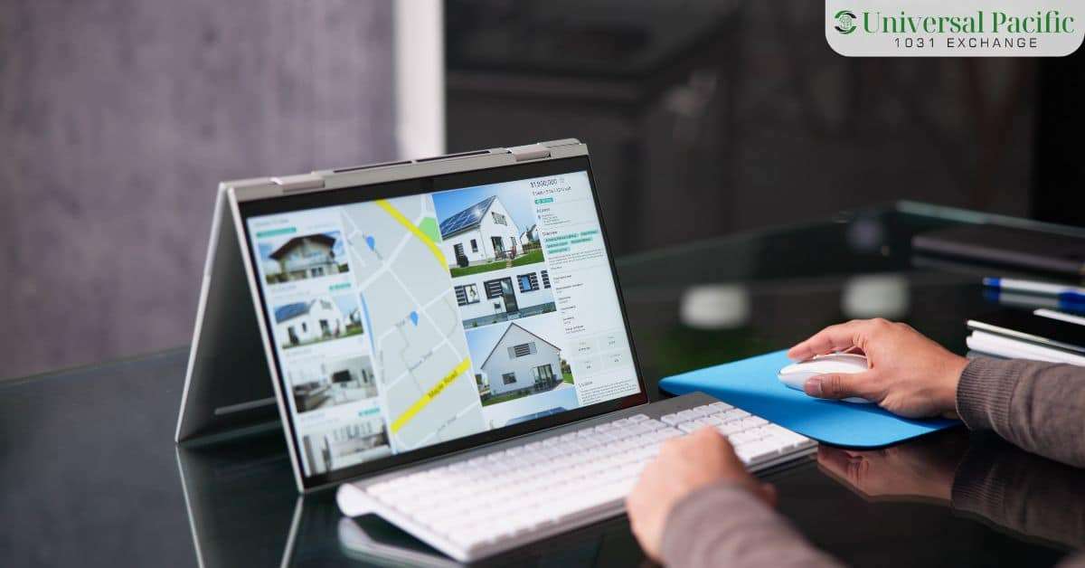 Investor researching Opportunity Zone property listings on a laptop showing a map and prices