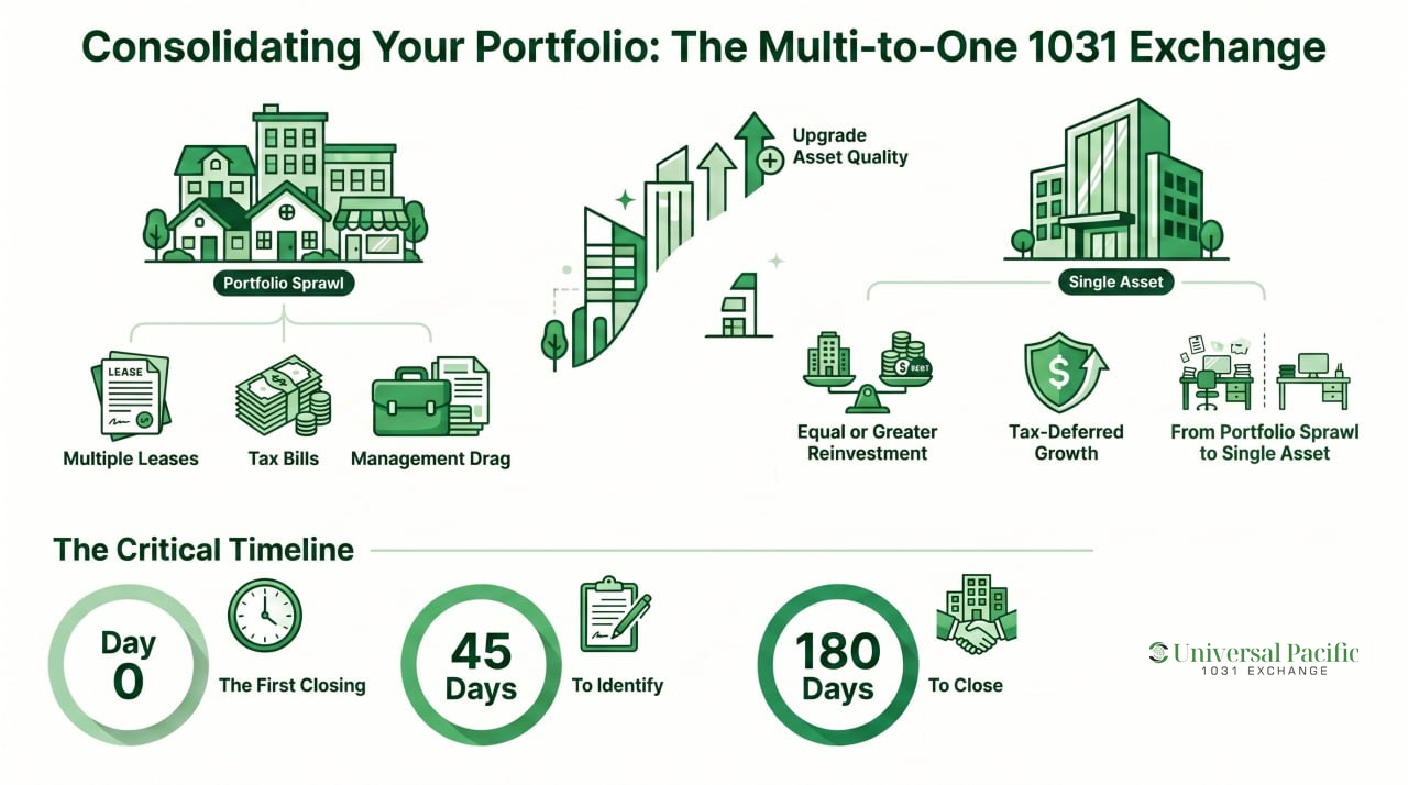 Infographic: consolidating multiple properties into a single replacement asset through a 1031 exchange, with the Day 0, 45, and 180-day timeline