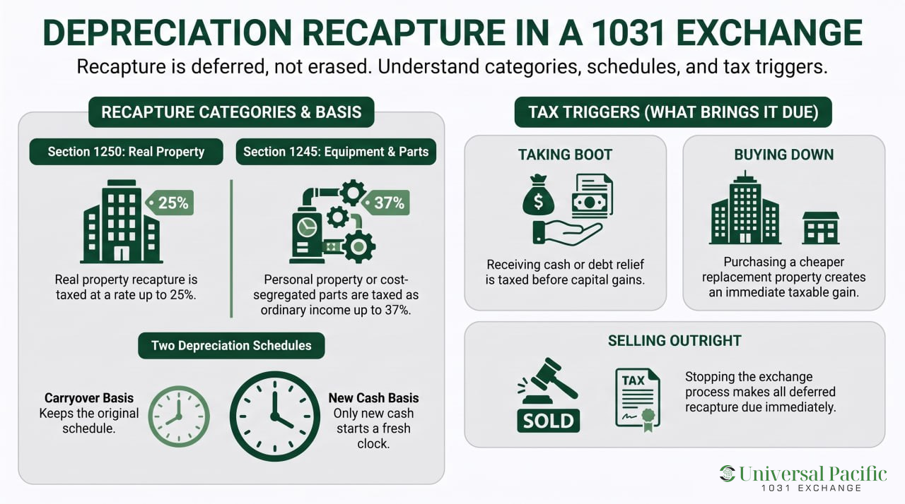 Depreciation recapture in a 1031 exchange: section 1250 real property taxed at up to 25 percent, section 1245 equipment and cost-segregated parts at ordinary rates up to 37 percent, the two depreciation schedules on the replacement property, and the three events that bring the deferred tax due