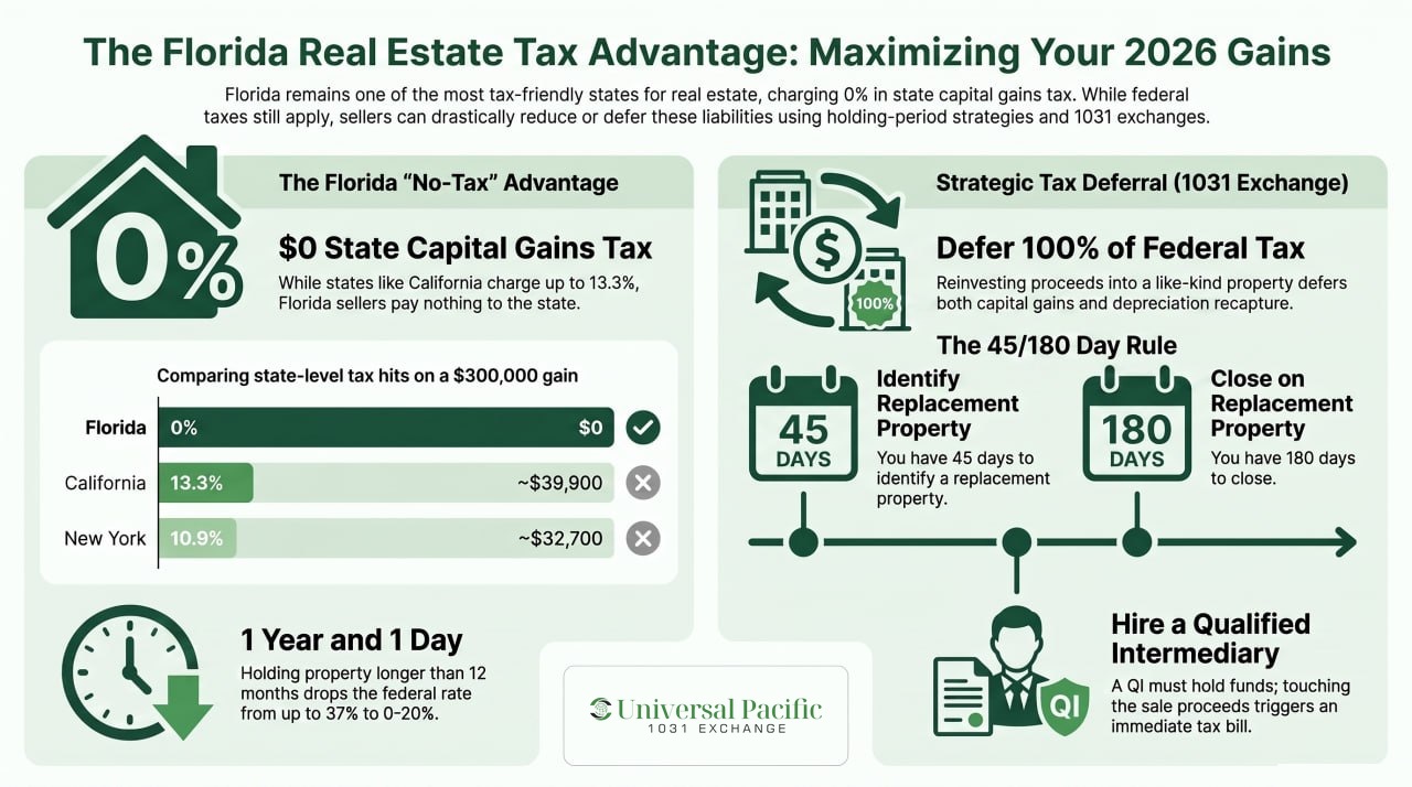 Infographic: the Florida real estate tax advantage — 0% state capital gains tax, a state-by-state comparison, and the 1031 exchange 45/180-day rule