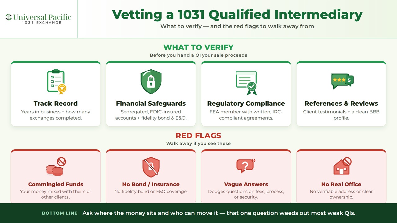 How to vet a 1031 qualified intermediary infographic — what to verify and the red flags