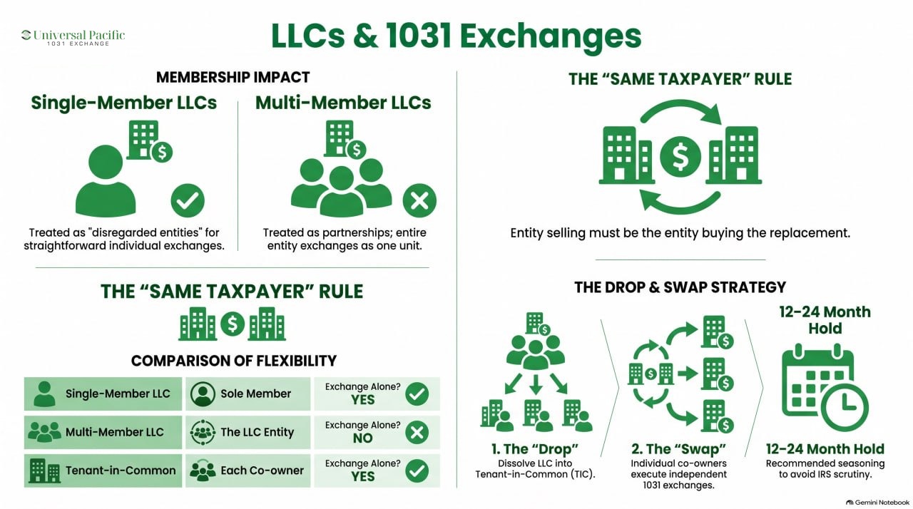 Infographic on LLCs and 1031 exchanges: single-member versus multi-member LLC treatment, the same taxpayer rule, a comparison of exchange flexibility, and the drop and swap strategy with a 12 to 24 month hold