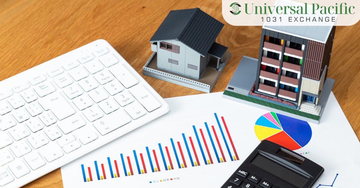 Scale models of a small house and a larger apartment building beside investment charts