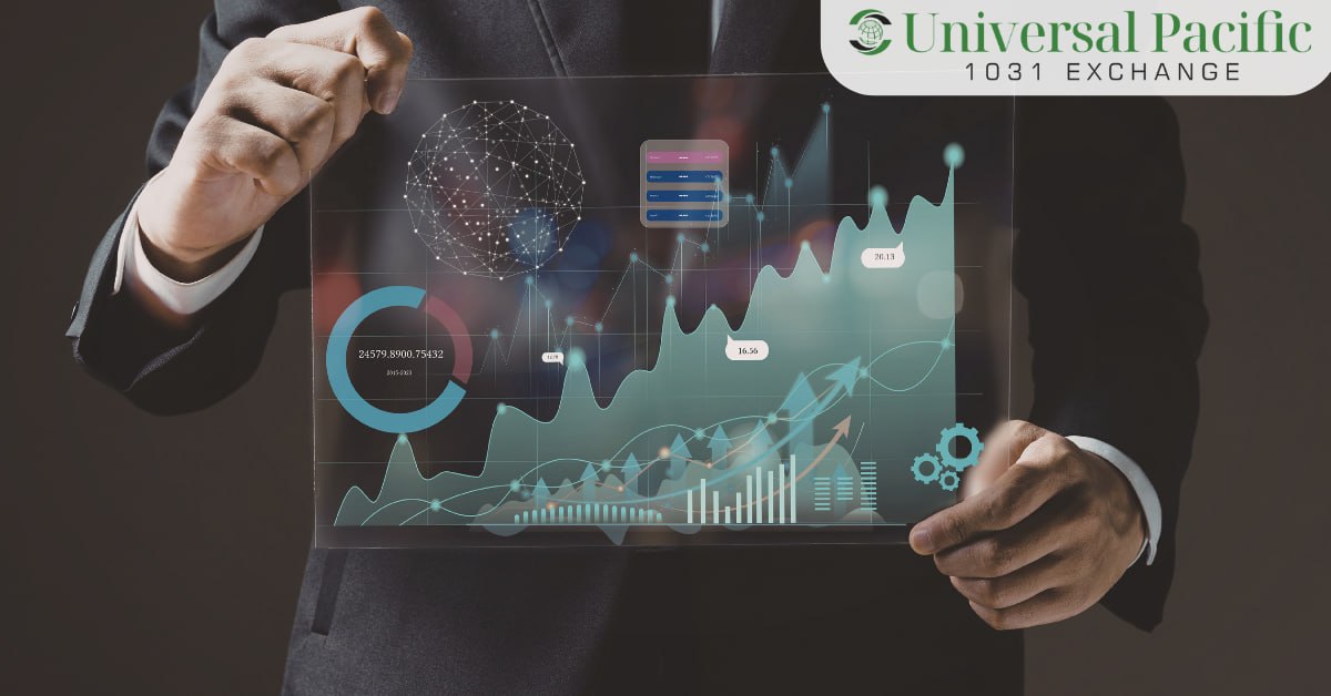 Investor reviewing financial charts and market-performance data on a digital display