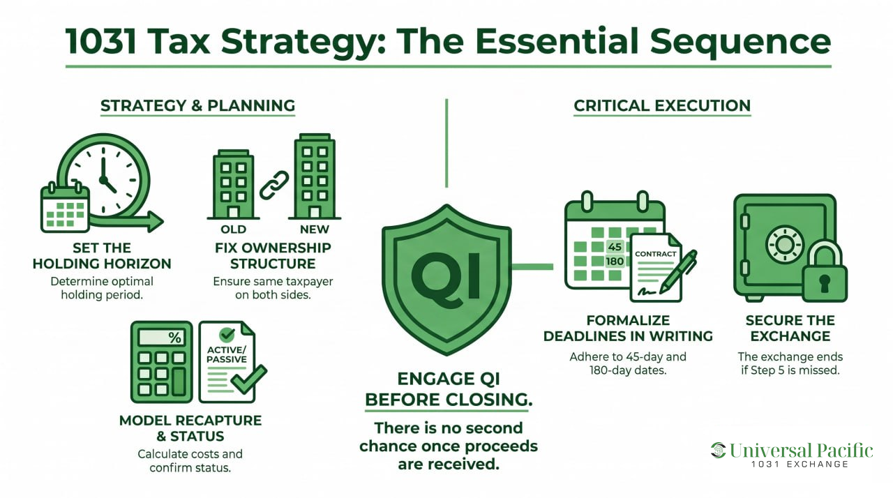 1031 tax strategy, the essential sequence: set the holding horizon, fix ownership structure, model recapture and status, engage the QI before closing, formalize deadlines in writing, secure the exchange