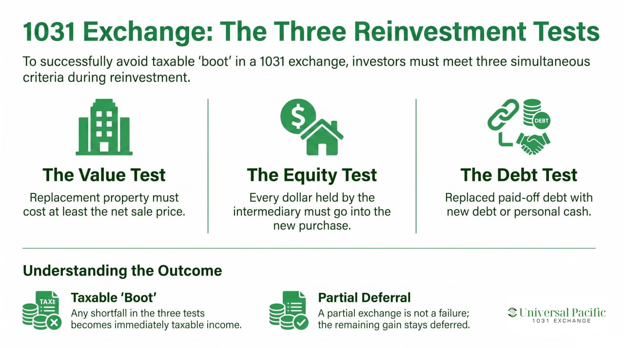 1031 exchange, the three reinvestment tests: the value test, the equity test and the debt test, plus taxable boot and partial deferral