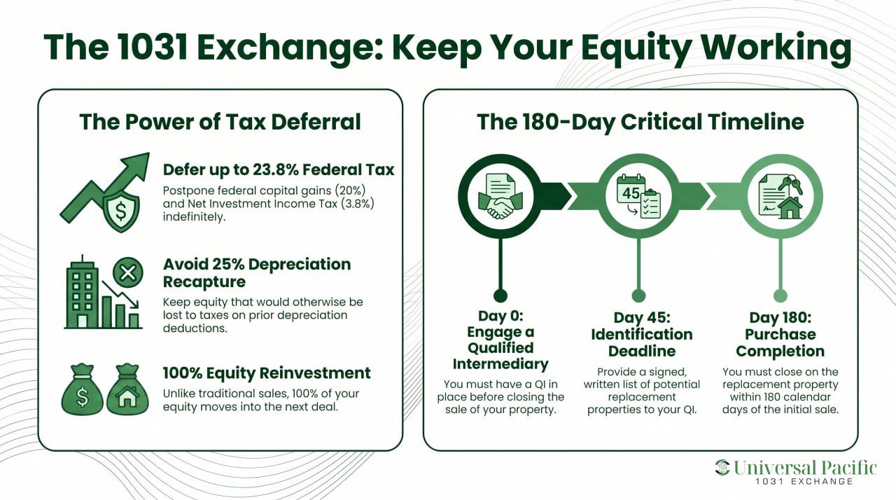 Infographic showing how a 1031 exchange works in four steps: sell property, identify replacement within 45 days, use a qualified intermediary, and close on the new property within 180 days.