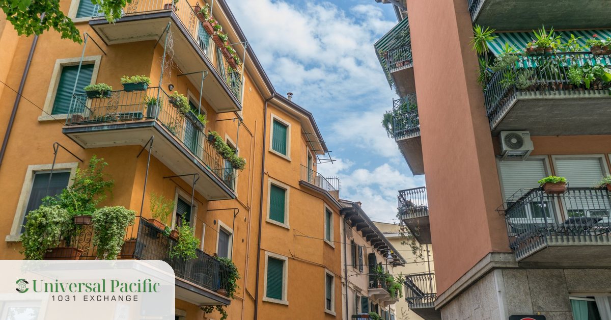 Colorful European apartment buildings with balconies representing foreign real estate investment